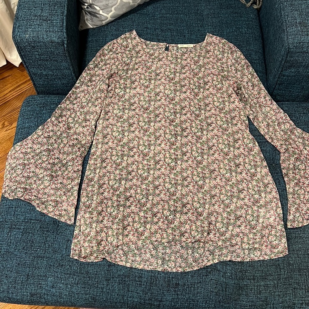 Sheer, floral flute sleeve dress